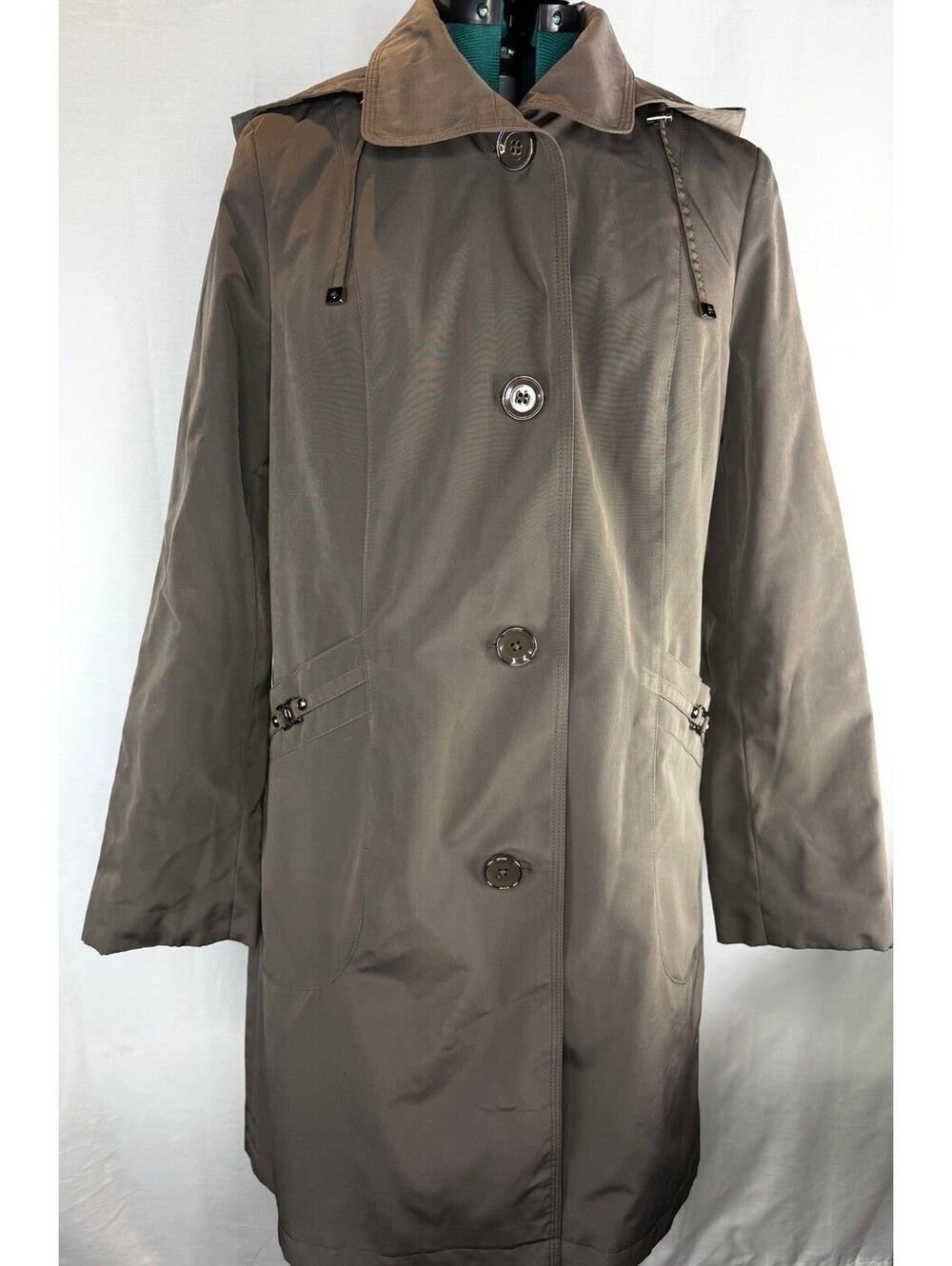 London Fog Women’s Medium Taupe Brown Hooded Lined Button Trench Coat